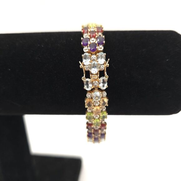 Multi Gemstone Vermeil Bracelet Blue Topaz Garnet Amethyst Citrine HSN 8" - Picture 3 of 9